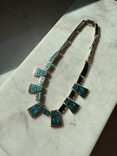 Load image into Gallery viewer, Vintage Modernist Era Mexican Crushed Turquoise Inlay Solid Sterling Silver Collar Necklace
