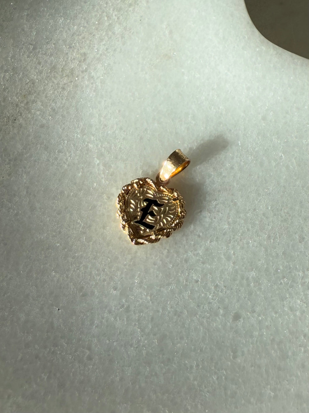 Black Enamel ‘E’ Etched Heart 14k Gold Pendant