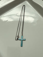 Load image into Gallery viewer, Guilloche Blue Enamel Sterling Silver Cross Necklace
