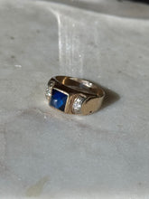 Load image into Gallery viewer, Vintage Blue Sapphire Sugarloaf &amp; Diamond Cabochon 14k Gold Ring Size 7.5
