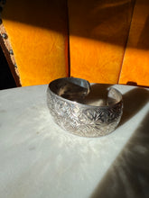 Load image into Gallery viewer, Hand Etched Sterling Silver Wide Cuff Bracelet 6.75”

