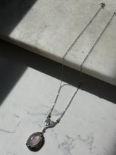 Load image into Gallery viewer, Vintage 1930s Rose Quartz Seed Pearl Enamel 10k White Gold Filigree Necklace 16”
