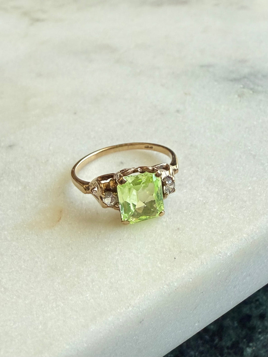 Antique Uranium Glass & Diamond 10k Gold Ring Size 5.25