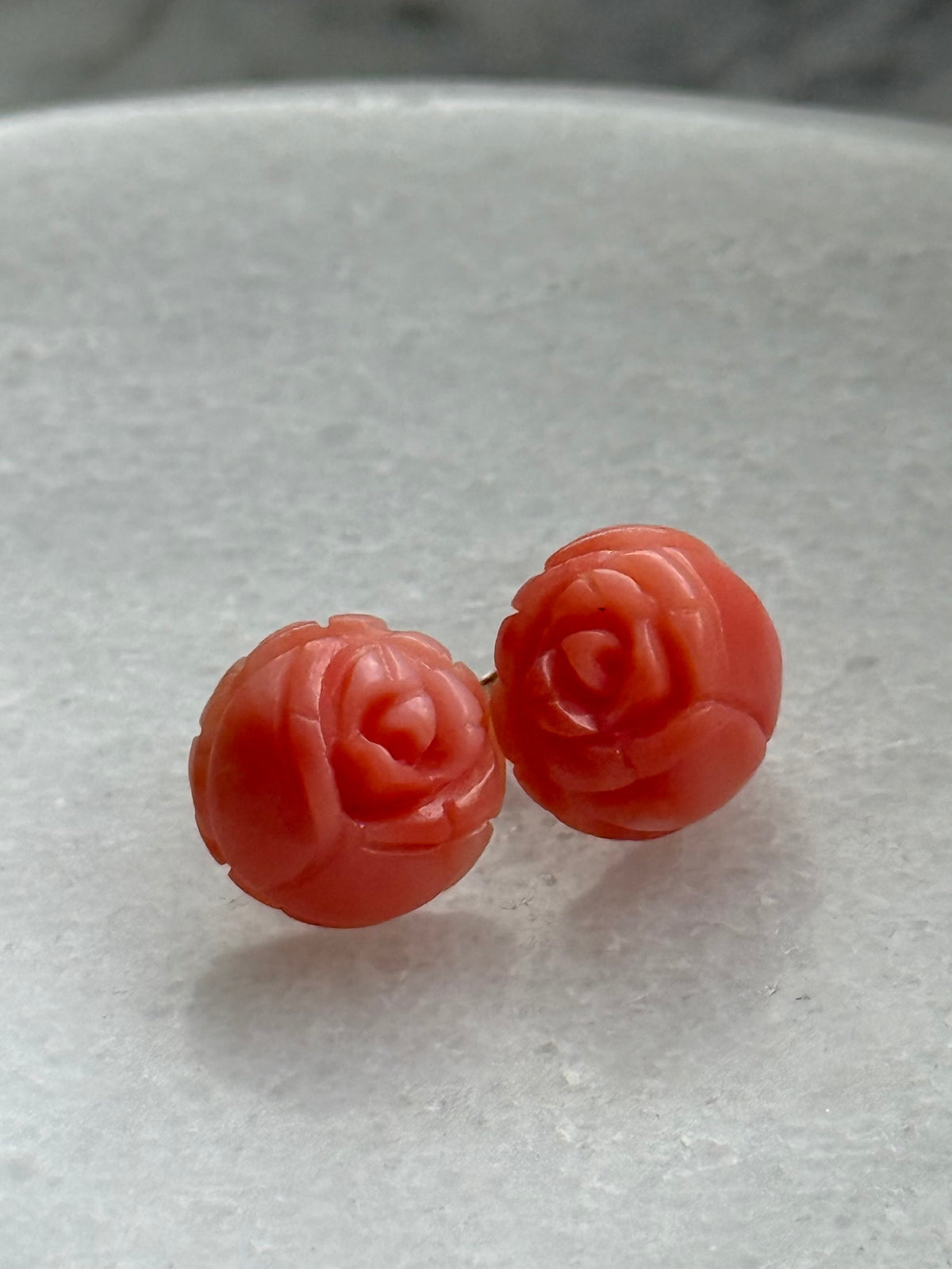 Vintage Carved Coral Flower 14k Gold Earrings