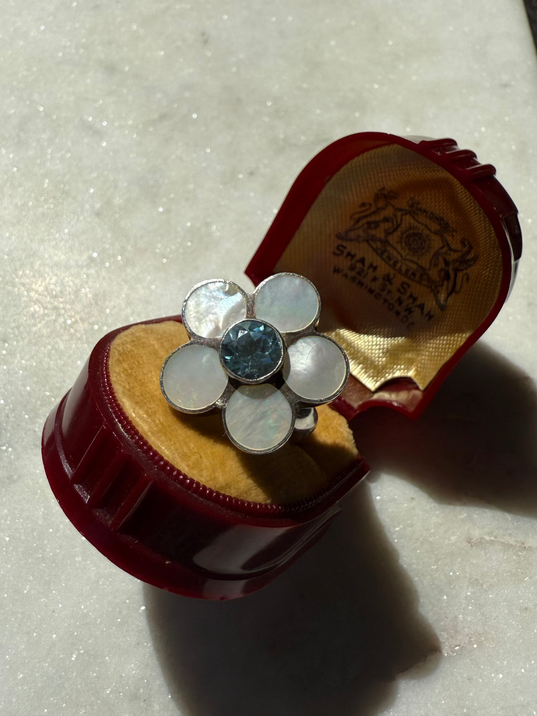 Mother of Pearl & Blue Topaz Flower Ring Size 7