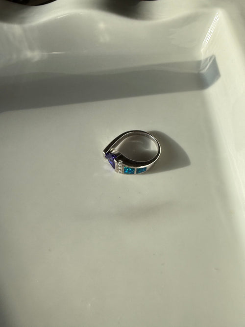 Amethyst & Opal CZ Sterling Silver Ring Size 7.5