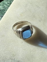 Load image into Gallery viewer, Midcentury Blue Glass Sterling Signet Ring Size 8.5

