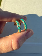 Load image into Gallery viewer, Vintage 14k Solid Gold Turquoise Inlay Hoops

