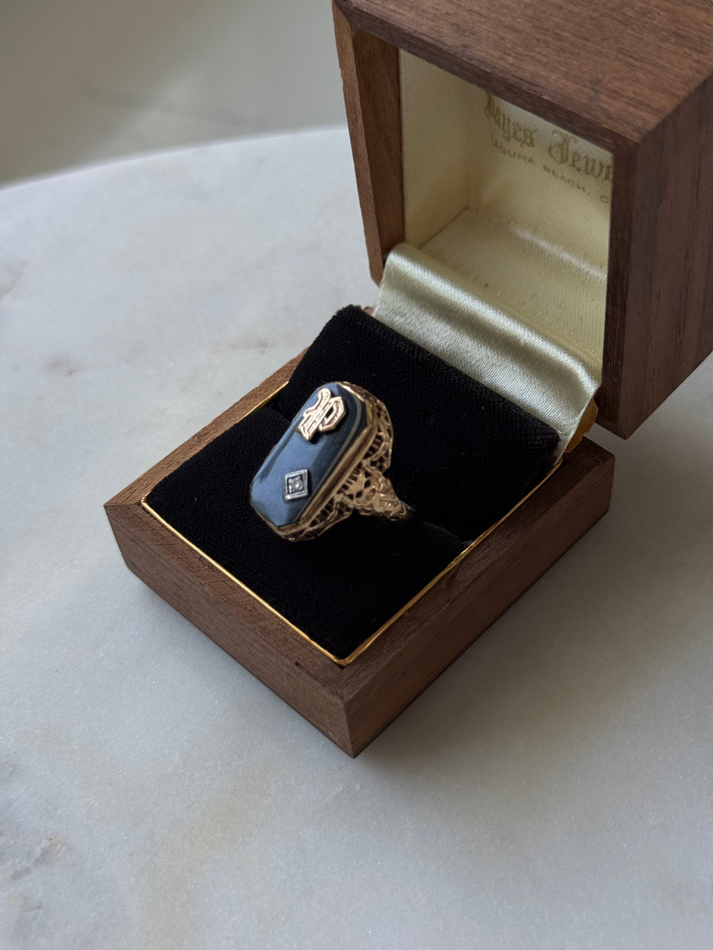 Vintage 1930s Black Onyx & Diamond ‘P’ Initial 14k Gold Ring Size 5