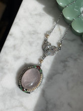 Load image into Gallery viewer, Vintage 1930s Rose Quartz Seed Pearl Enamel 10k White Gold Filigree Necklace 16”
