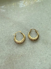 Load image into Gallery viewer, Floral Etched 14k Yellow Gold Mini Hoops
