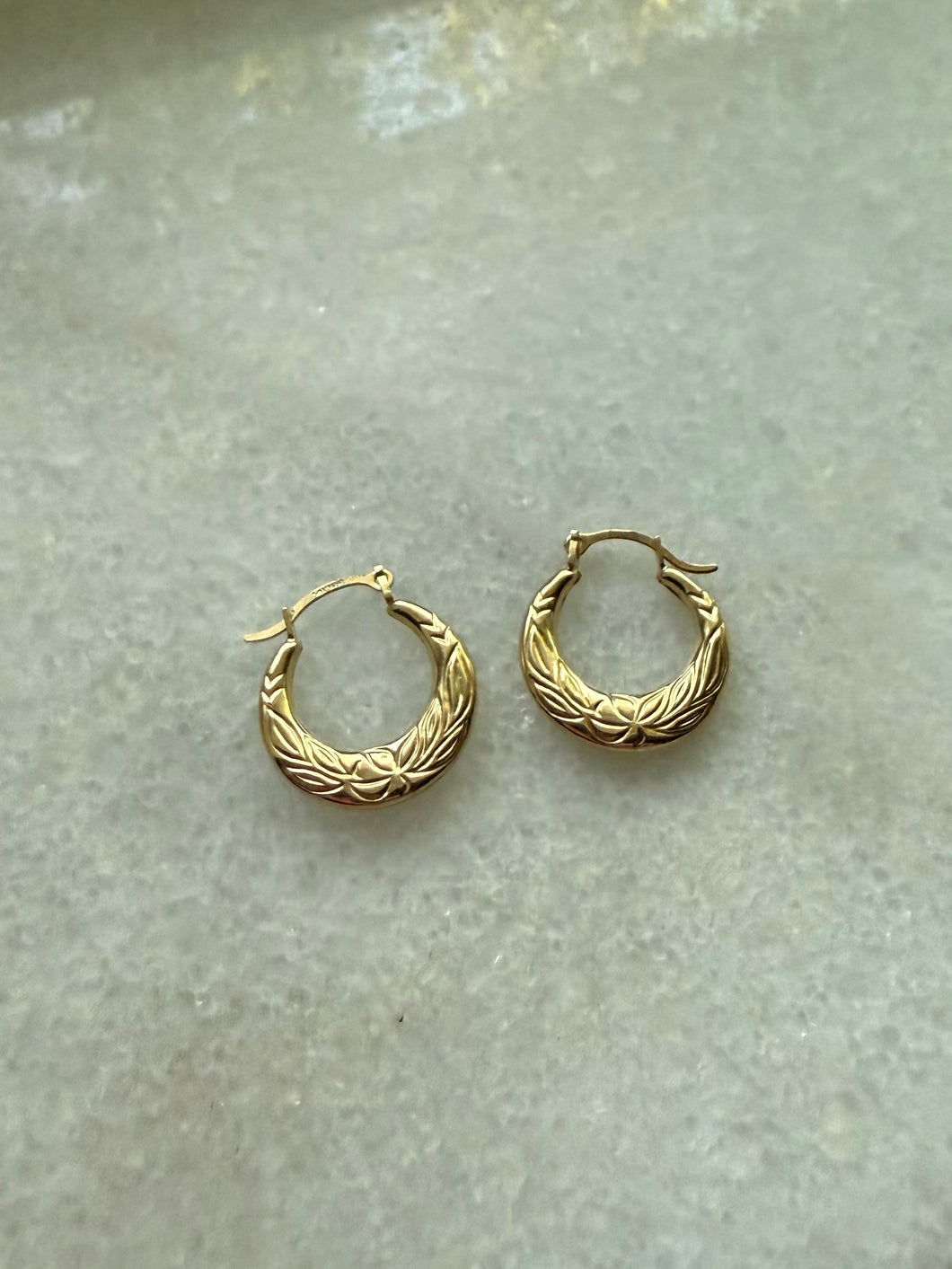 Floral Etched 14k Yellow Gold Mini Hoops