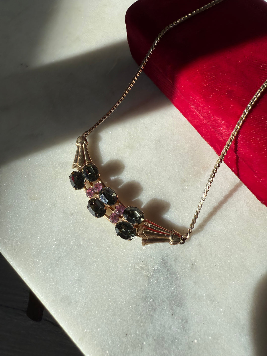 Vintage 1/20 12k Gold Filled Green & Pink Glass Stone Necklace 16”