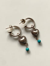 Load image into Gallery viewer, Turquoise Heart Vintage Sterling Silver Dangle Hoop Earrings
