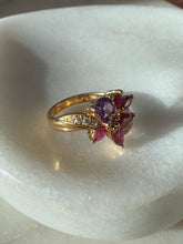 Load image into Gallery viewer, Flower Amethyst Ruby Gold Vermeil Ring Size 7
