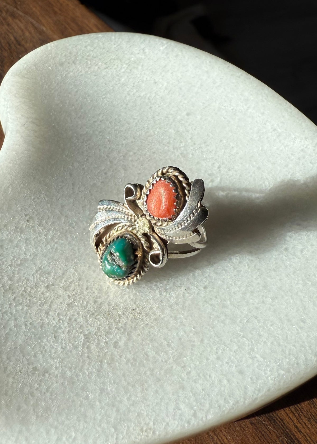 Turquoise & Coral Sterling Silver Ring Size 6
