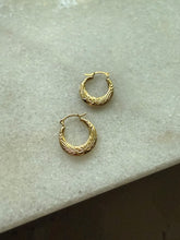 Load image into Gallery viewer, Floral Etched 14k Yellow Gold Mini Hoops
