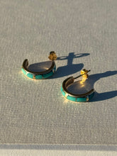 Load image into Gallery viewer, Vintage 14k Gold Turquoise Inlay Half Hoops
