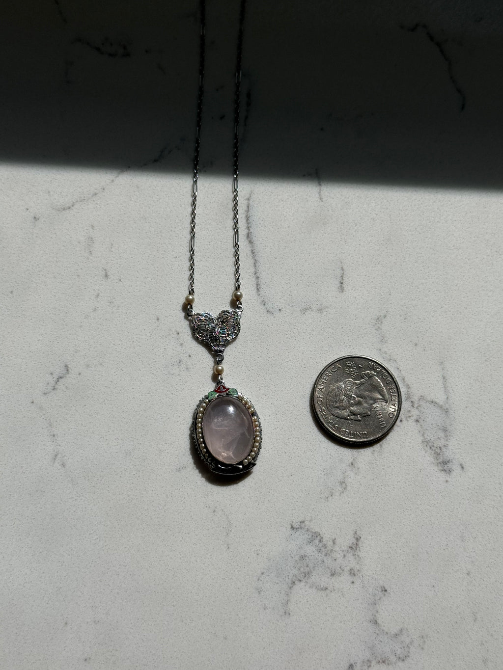 Vintage 1930s Rose Quartz Seed Pearl Enamel 10k White Gold Filigree Necklace 16”