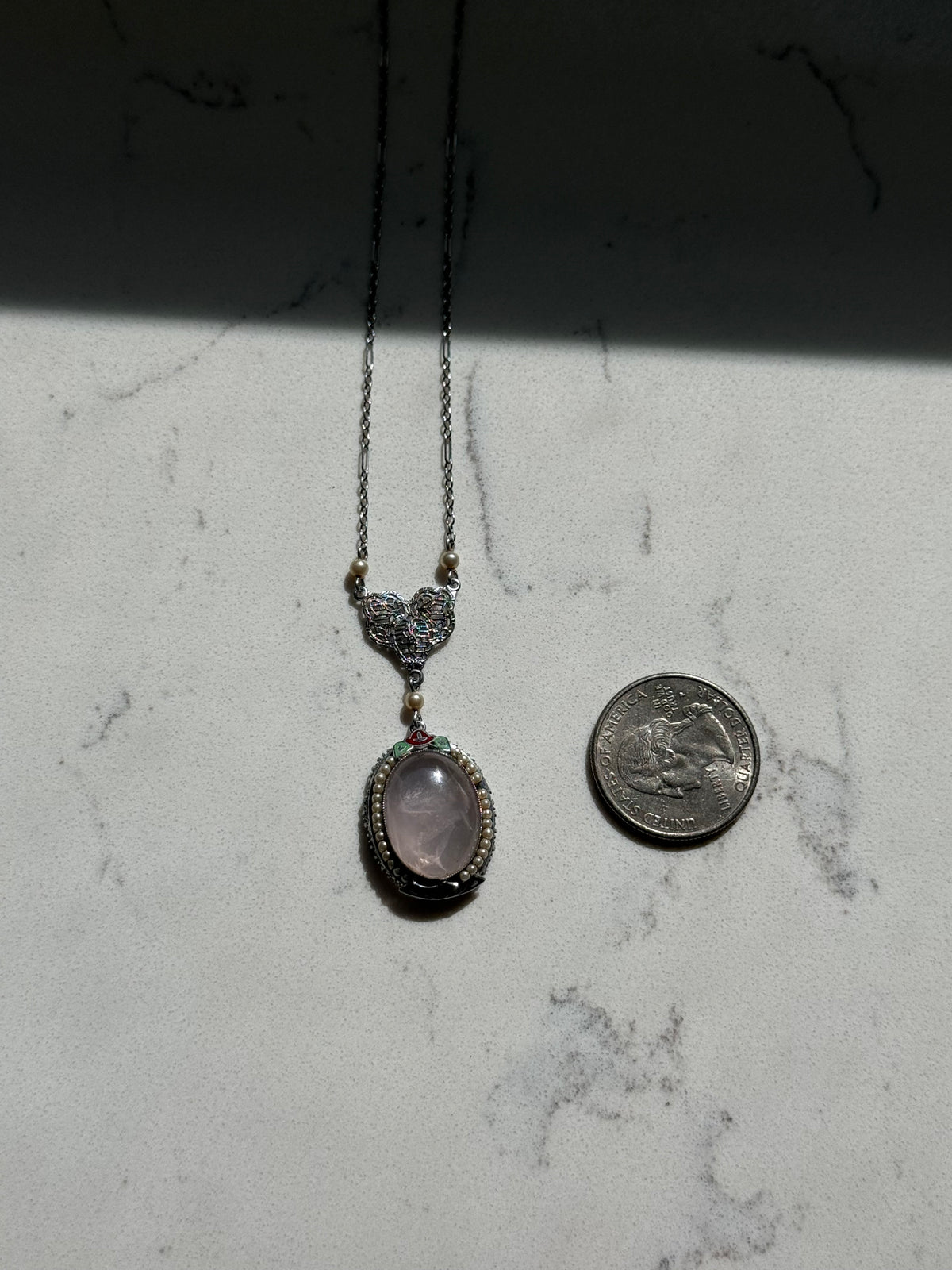 Vintage 1930s Rose Quartz Seed Pearl Enamel 10k White Gold Filigree Necklace 16”