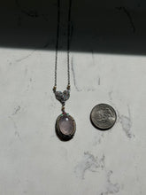 Load image into Gallery viewer, Vintage 1930s Rose Quartz Seed Pearl Enamel 10k White Gold Filigree Necklace 16”
