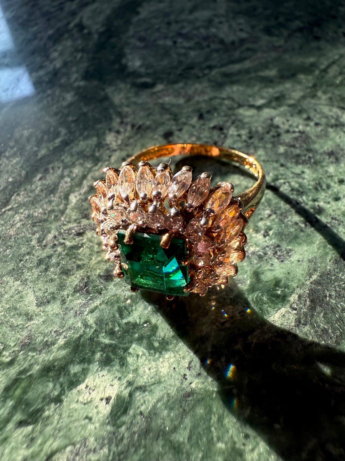 Gold Vermeil Green Halo Ring Size 10.5