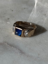 Load image into Gallery viewer, Vintage Blue Sapphire Sugarloaf &amp; Diamond Cabochon 14k Gold Ring Size 7.5
