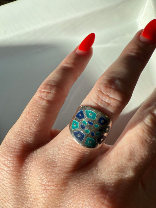 Blue Enamel Sterling Silver Ring Size 6.5