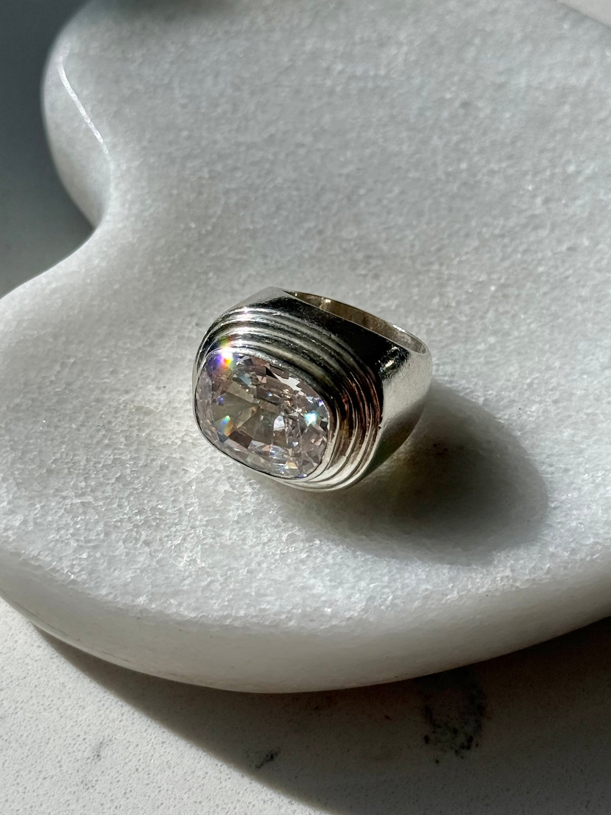 Chunky Quartz Sterling Silver Ribbed Ring Size 6.75