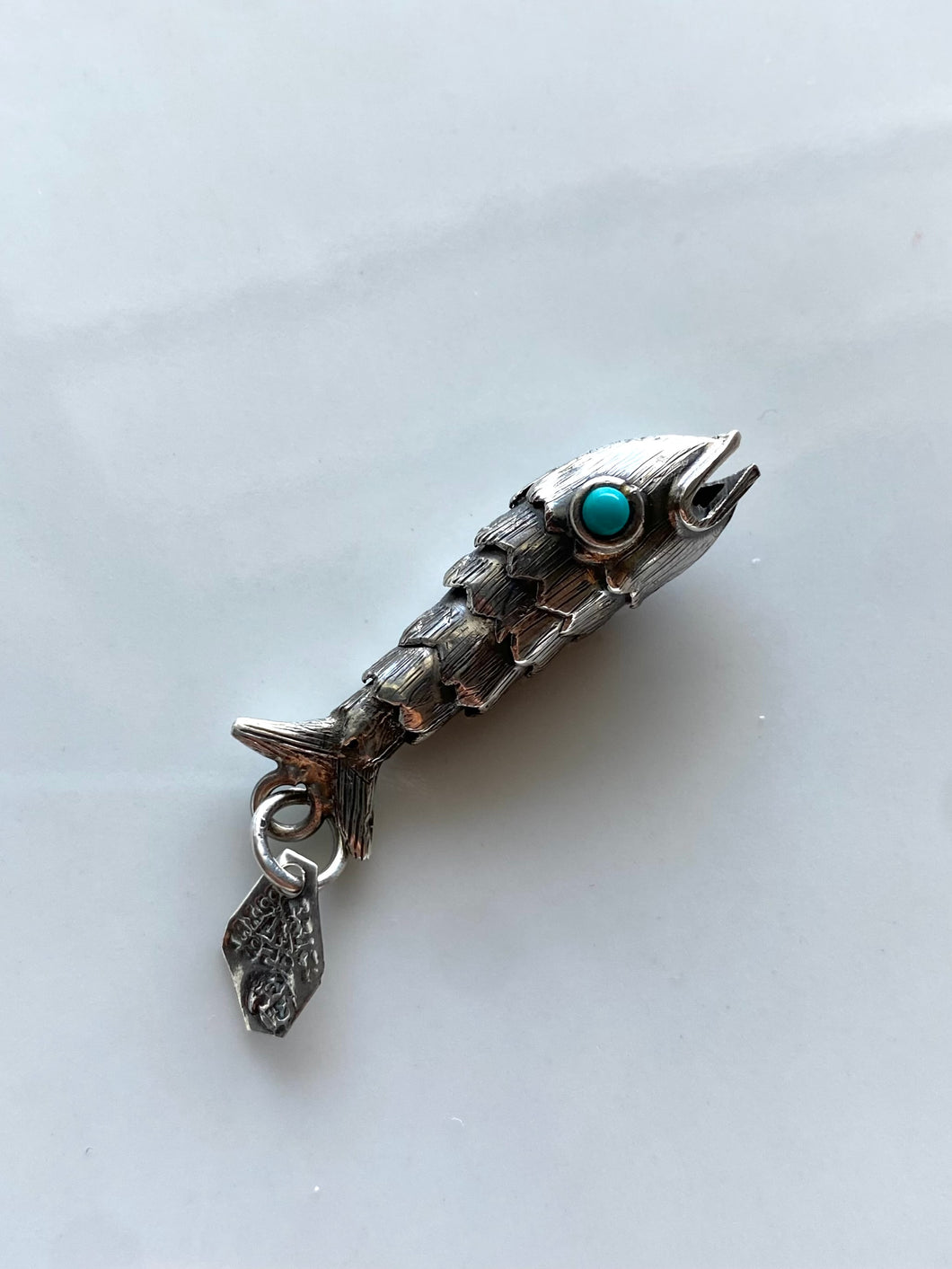 Articulated Fish Sterling Silver Pendant w/ Turquoise Eyes