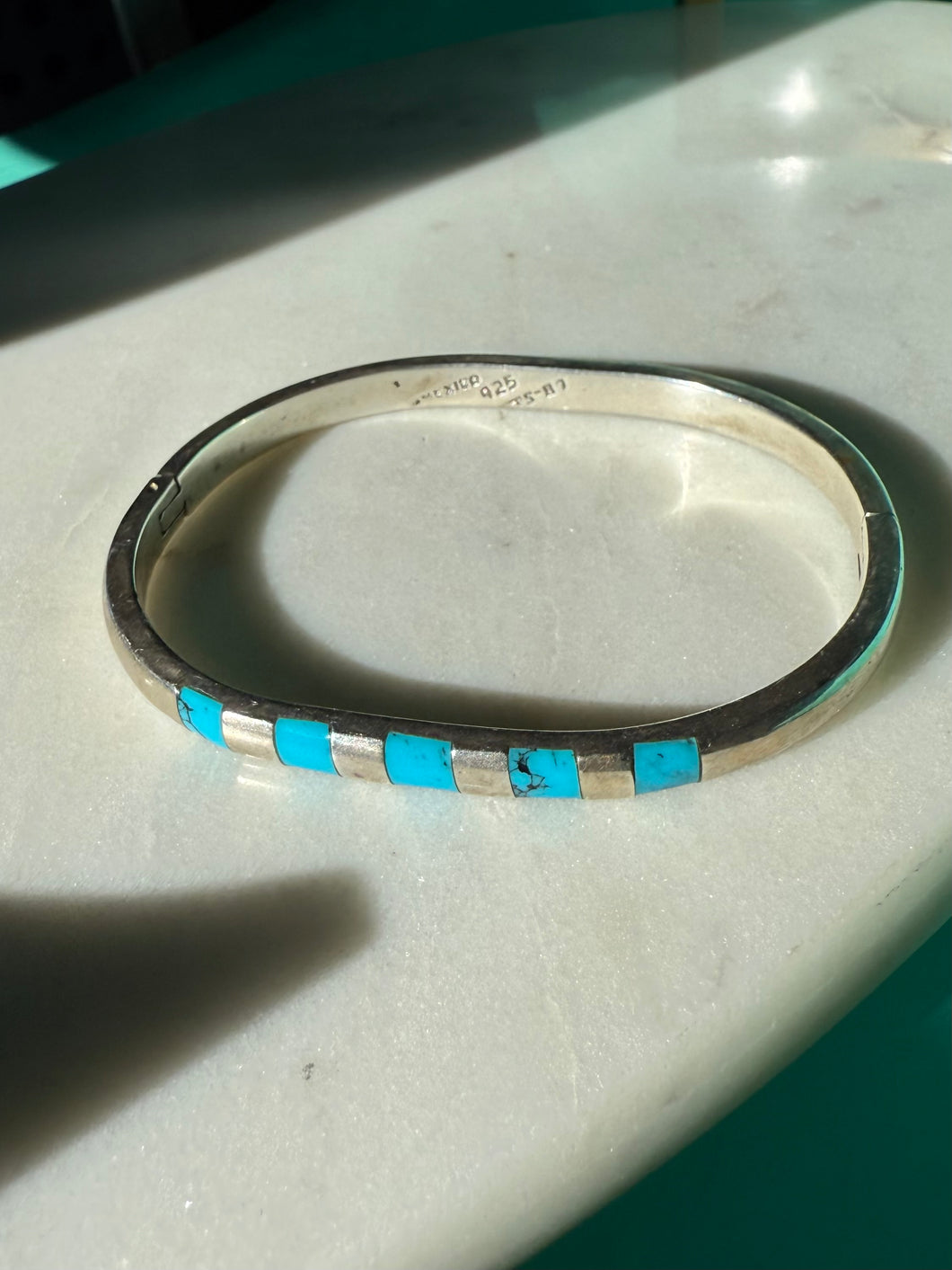 Vintage Mexico Turquoise Inlay Sterling Silver Cuff Bracelet 7”