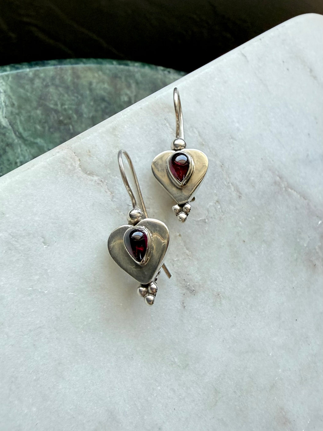 Vintage Garnet Cabochon Sterling Silver Earrings