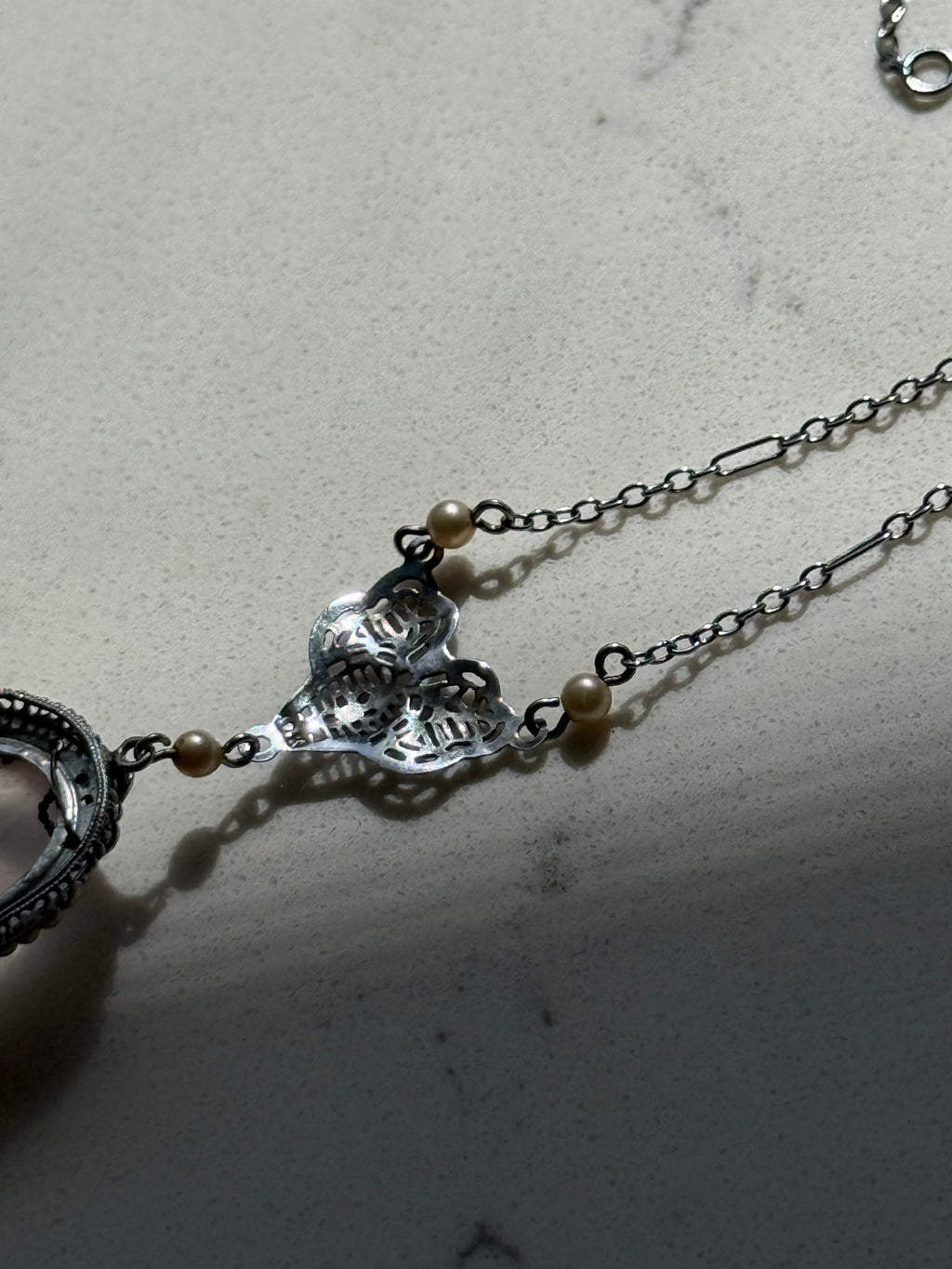 Vintage 1930s Rose Quartz Seed Pearl Enamel 10k White Gold Filigree Necklace 16”
