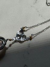 Load image into Gallery viewer, Vintage 1930s Rose Quartz Seed Pearl Enamel 10k White Gold Filigree Necklace 16”
