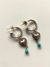 Load image into Gallery viewer, Turquoise Heart Vintage Sterling Silver Dangle Hoop Earrings
