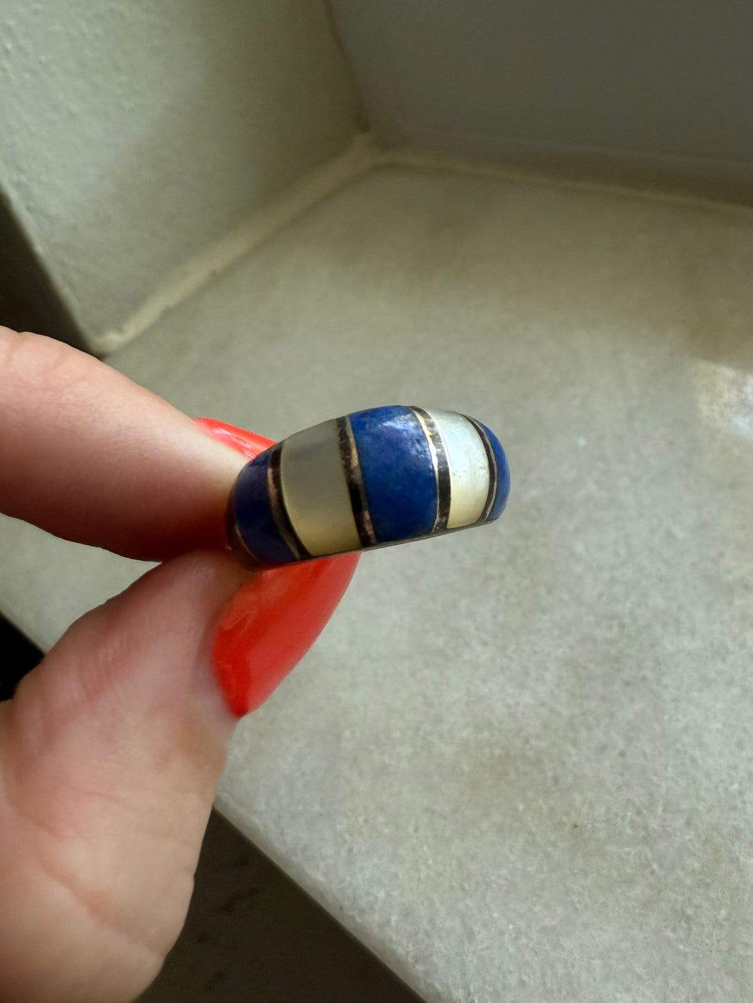 Lapis & Mother of Pearl Inlay Sterling Silver Ring Size 6