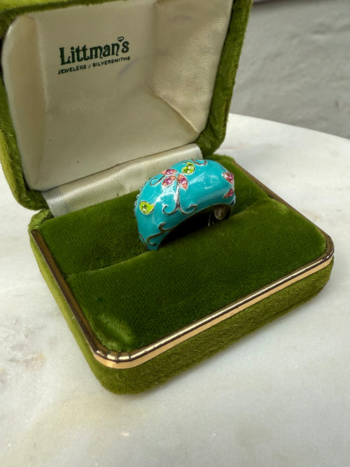Blue Floral Enamel Sterling Silver Ring Size 8.25