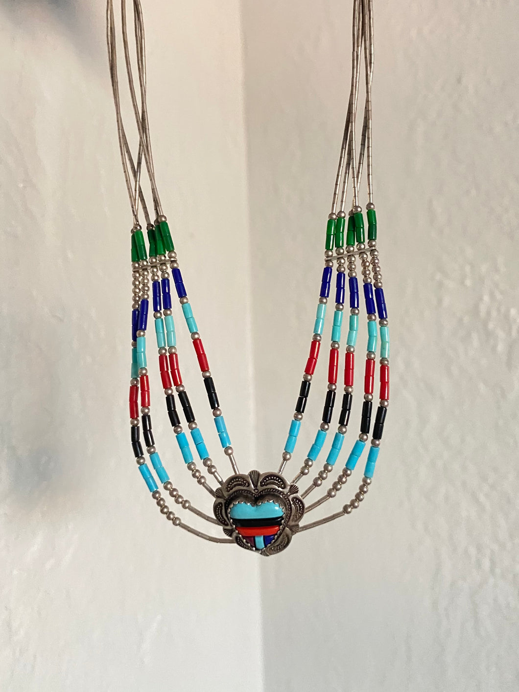 Vintage Multistone Liquid Silver Sterling Fetish Necklace 17”