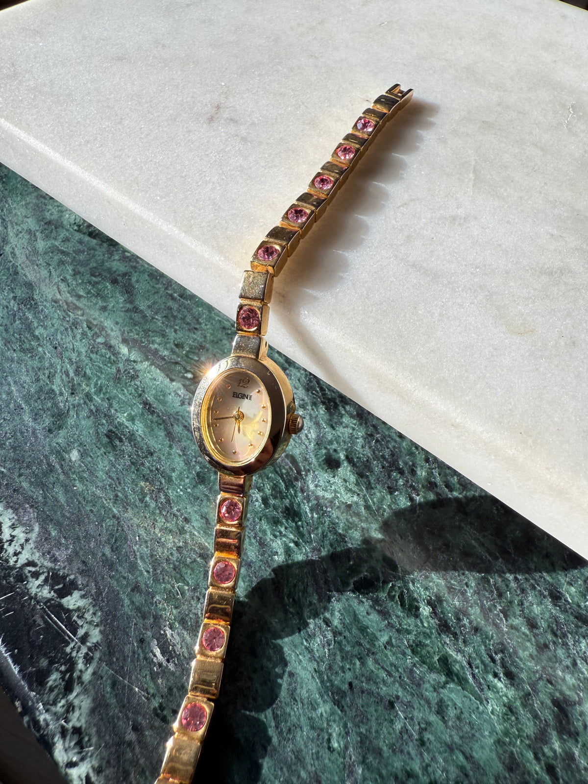 Vintage Elgin Pink Studded Gold Tone Ladies Wrist Watch 7.75”