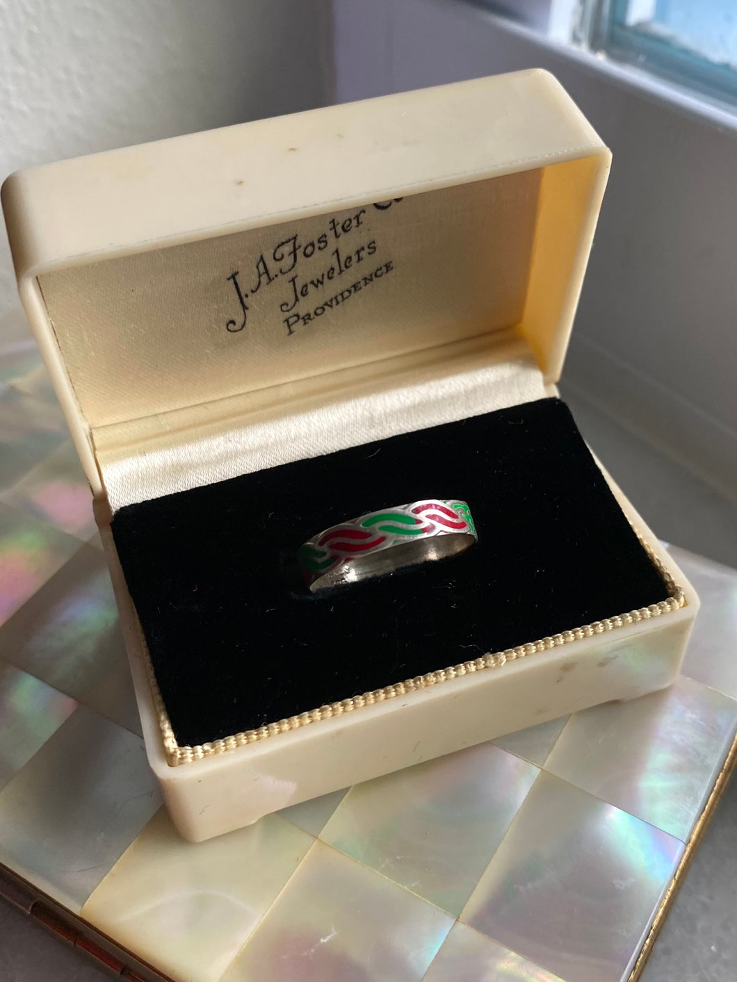 Red & Green Enamel Sterling Silver Ring
