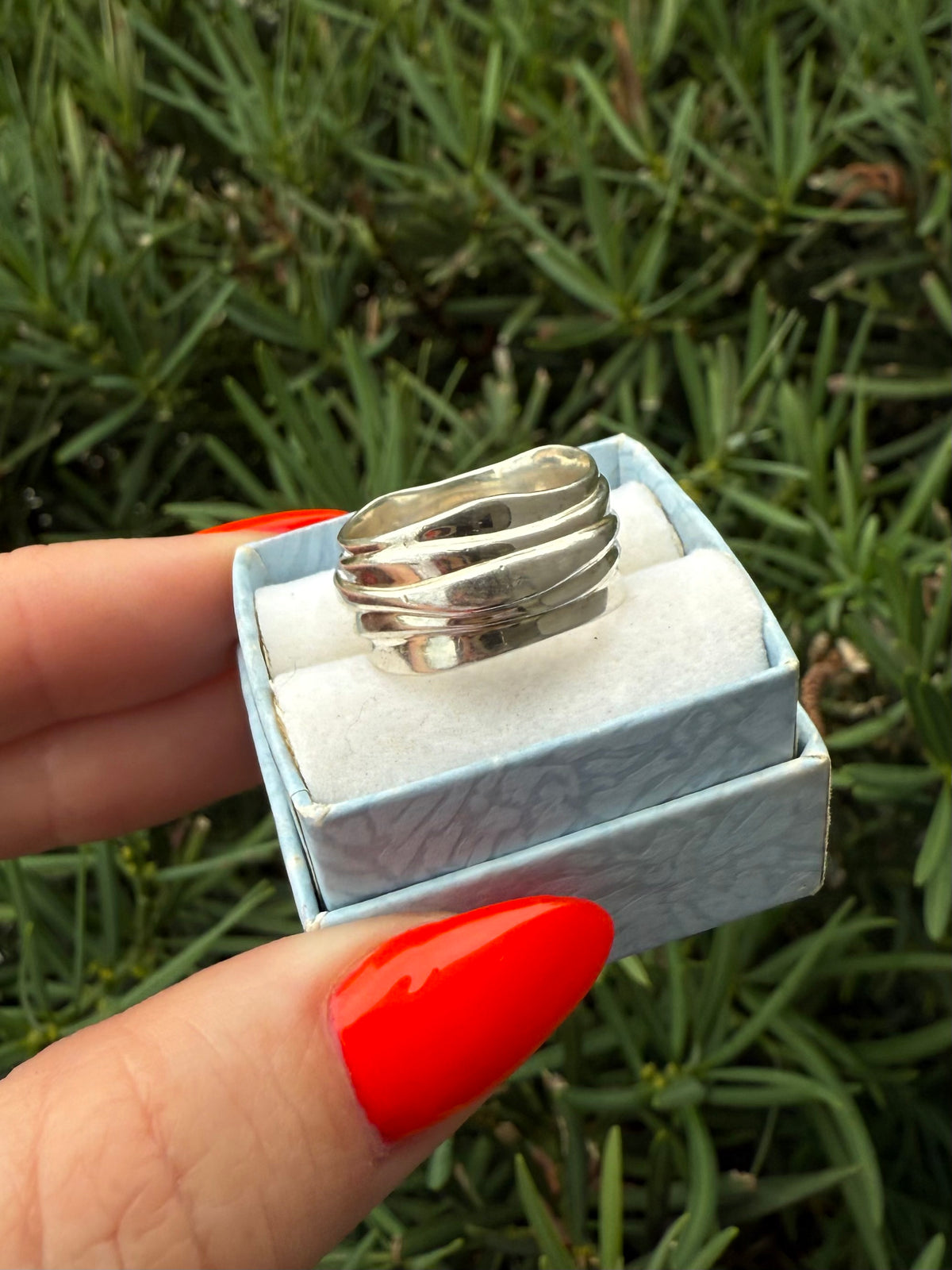 Ribbed Sterling Silver Wide Band Ring Size 6.75