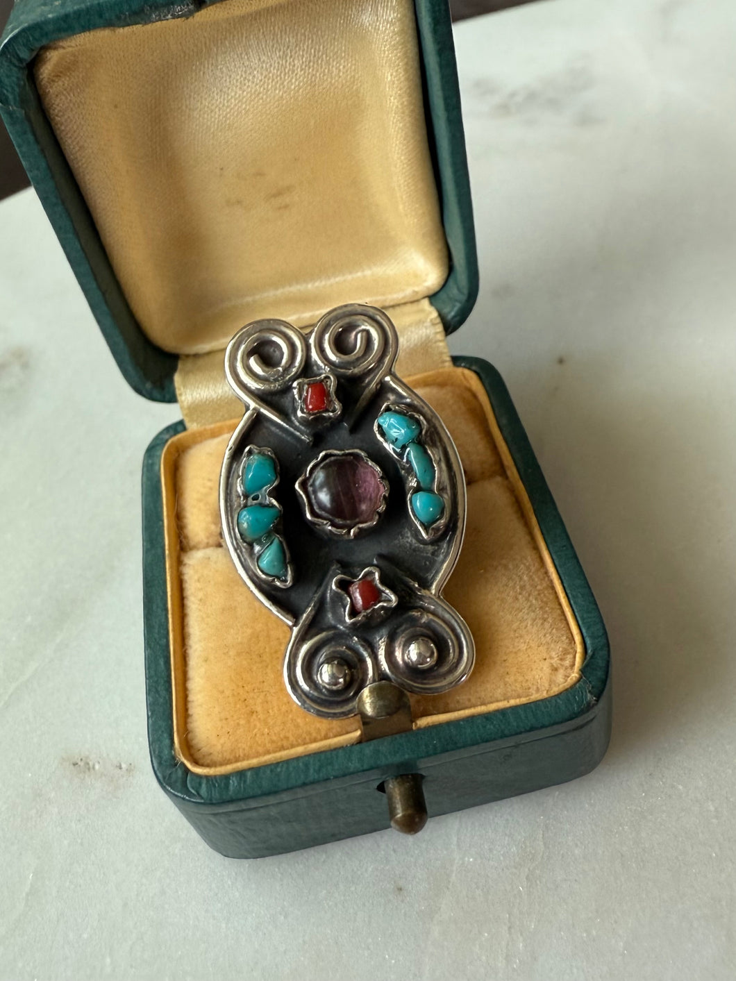 Taxco Sterling Silver Turquoise Amethyst Coral Ring Size 10.75