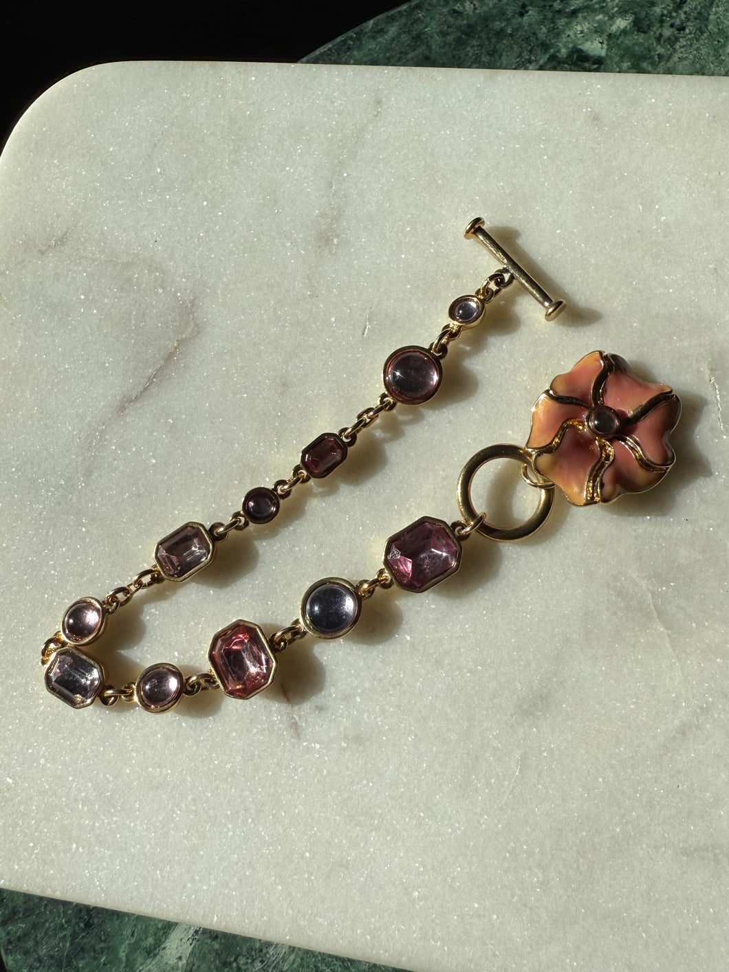 Vintage Enamel Flower Gold Plated Toggle Clasp Bracelet 7.5”
