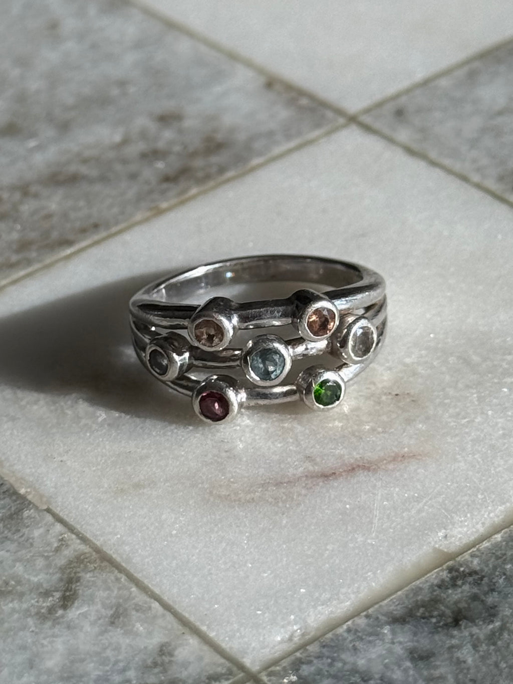 Multicolor Bezel Set Sterling Silver Ring Size 9