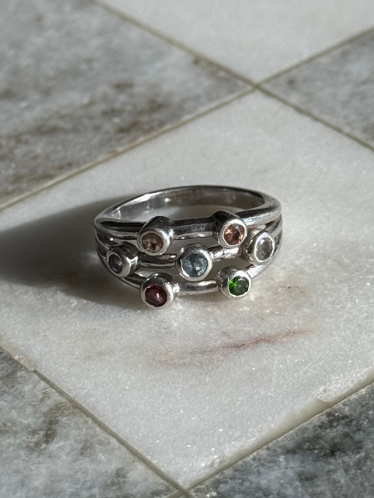 Multicolor Bezel Set Sterling Silver Ring Size 9
