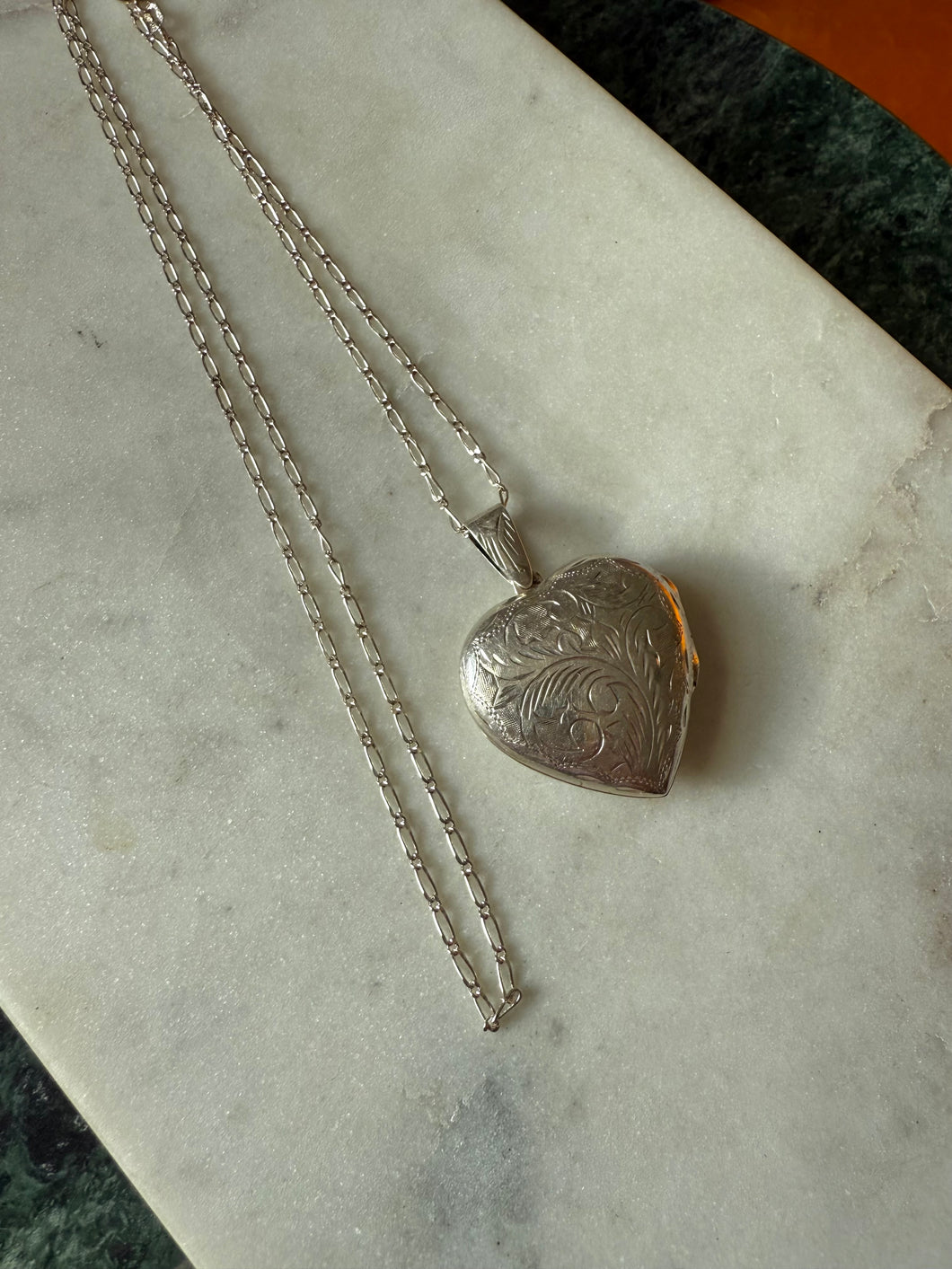 Vintage Etched Heart Locket Sterling Silver Necklace 23”