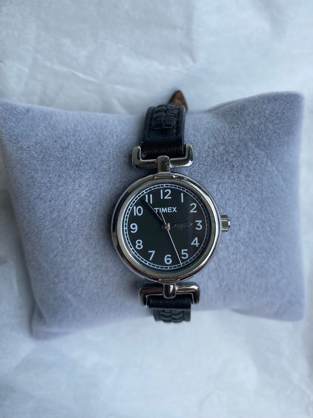 Timex Black Leather Vintage Silver-Toned Watch