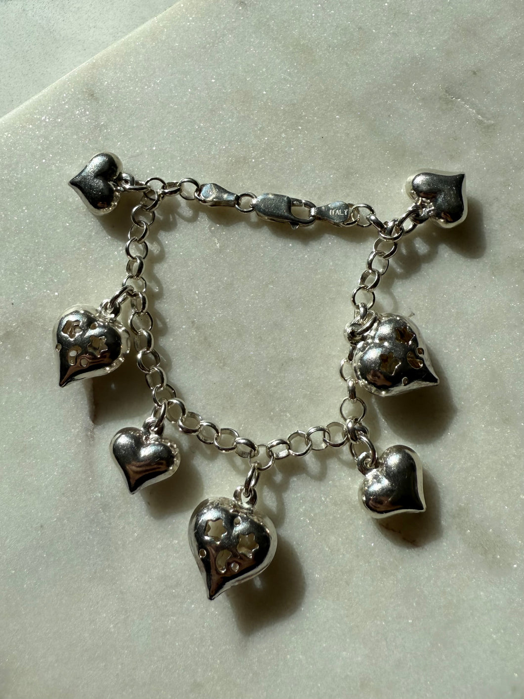 Celestial Puffy Heart Sterling Silver Charm Bracelet 7”