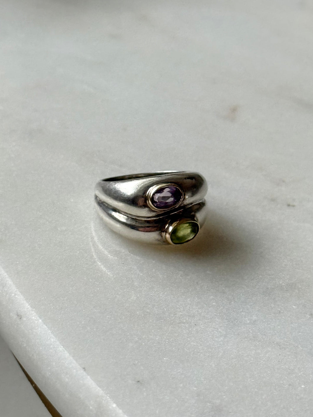 Amethyst & Peridot Sterling & 14k Gold Ring Size 5.5