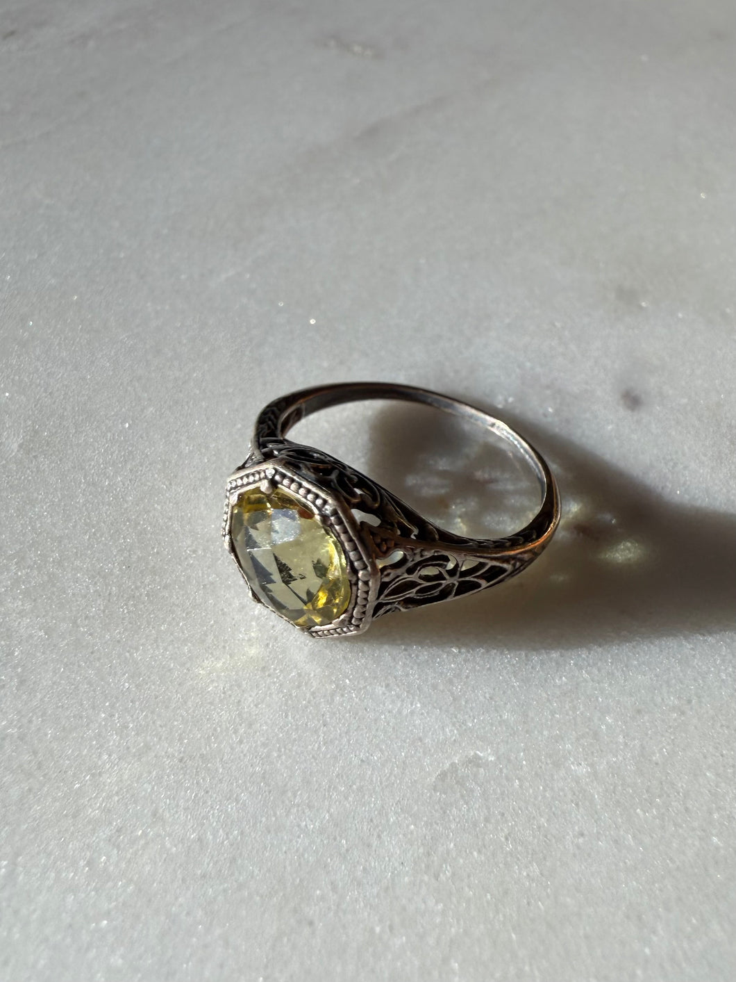 Yellow Glass Sterling Silver Ring Size 5.5